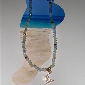 Beaded Pastel Anklet with gold blingy Butterfly Charm abt 9in adjusts 1 inch NWT